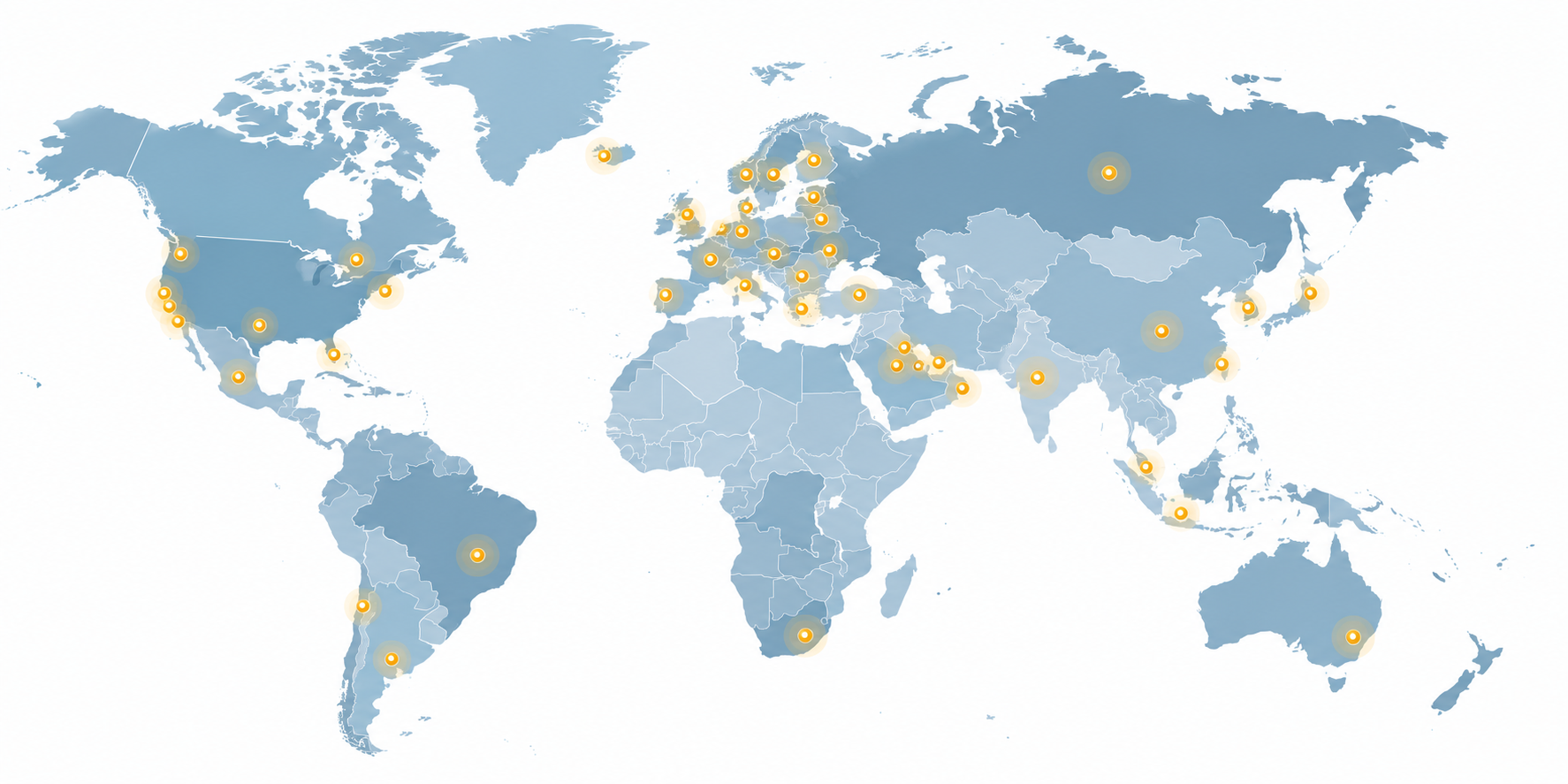 World map showing Morgan Prestwich global placement destinations across 44+ countries